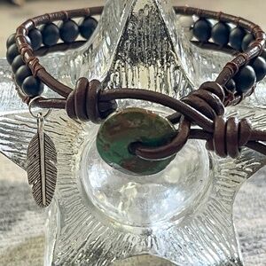 Large Leather Wrap Bracelet - Matte Onyx, Turquoise and Sterling silver 8" - 9 "